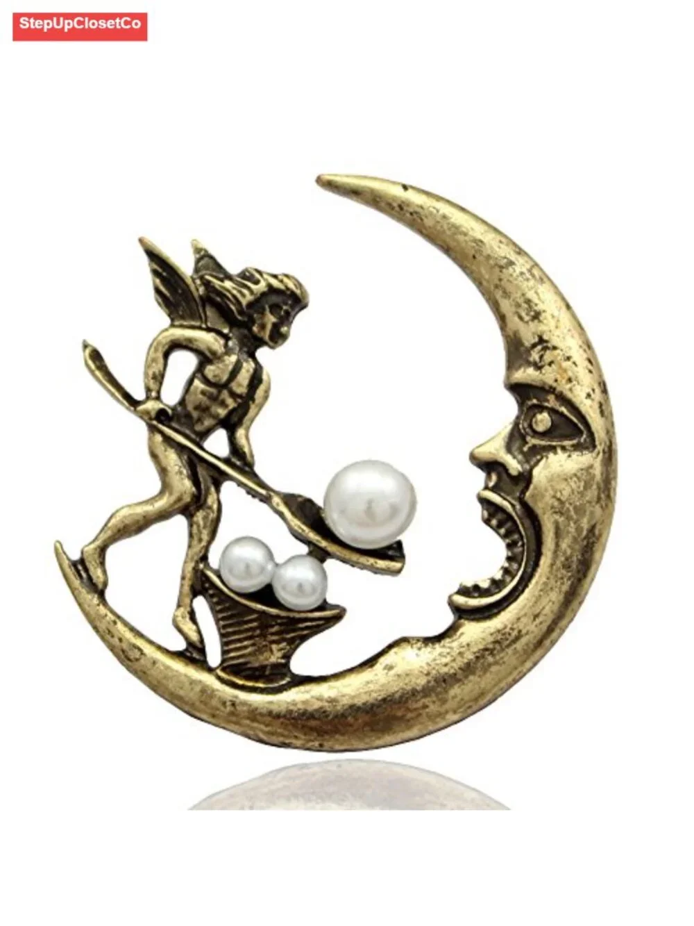 Vintage Tribal Angel Fairy Moon Brooch Pin Simulated Pearl Baroque Lapel